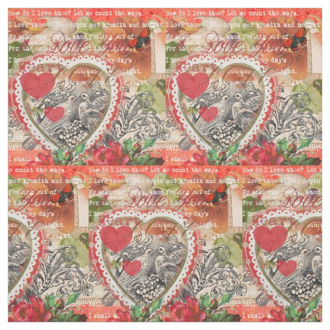 Love Birds Heart Red Art Collage Fabric (Swatch)