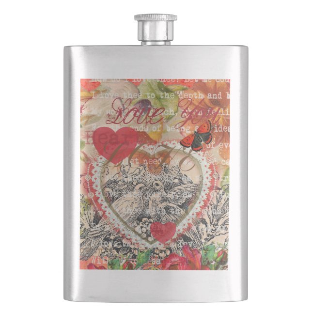 Love Birds Heart Red Art Collage Flask (Front)