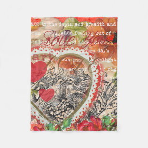 Love Birds Heart Red Art Collage Fleece Blanket