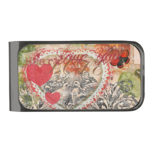 Love Birds Heart Red Art Collage Gunmetal Finish Money Clip