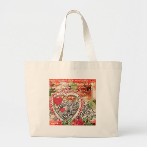 Love Birds Heart Red Art Collage Large Tote Bag