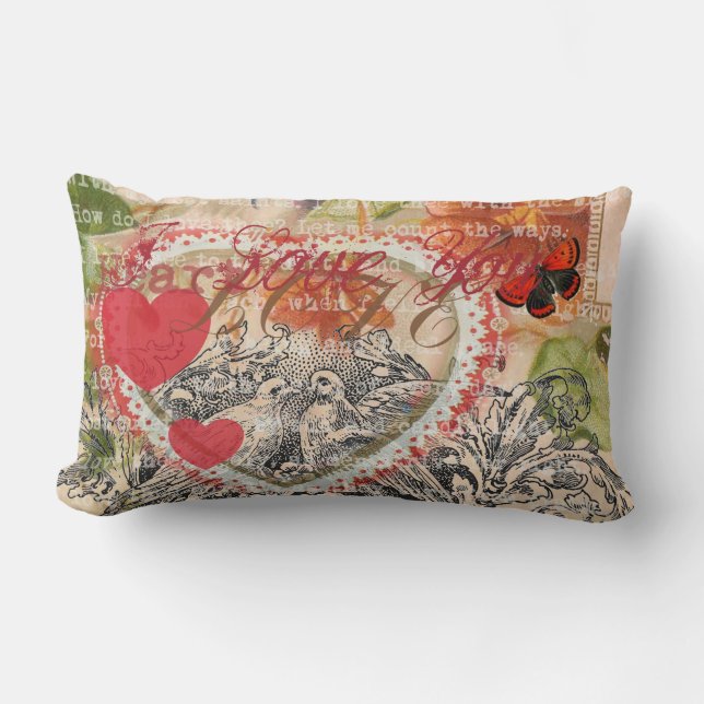 Love Birds Heart Red Art Collage Lumbar Pillow (Front)