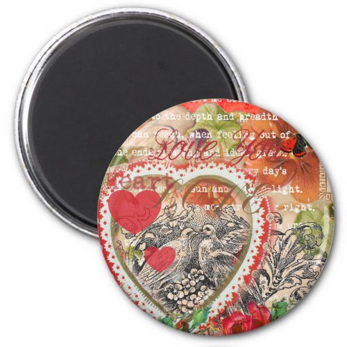 Love Birds Heart Red Art Collage Magnet