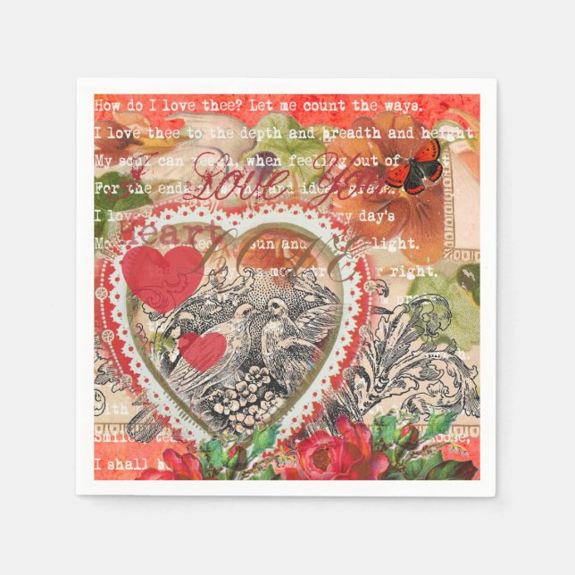 Love Birds Heart Red Art Collage Napkins (Front)
