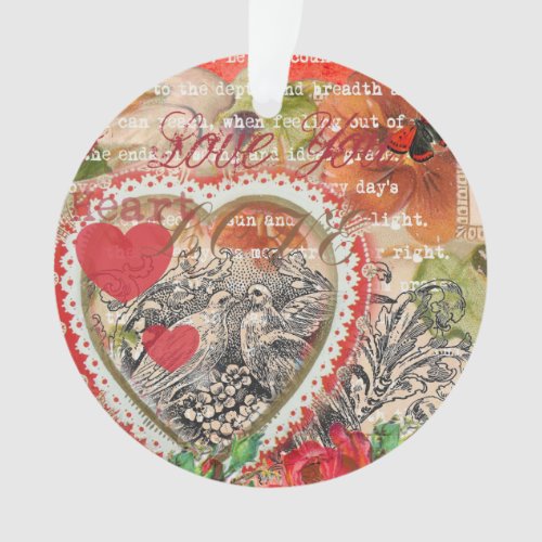 Love Birds Heart Red Art Collage Ornament