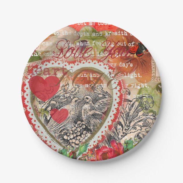 Love Birds Heart Red Art Collage Paper Plates (Front)