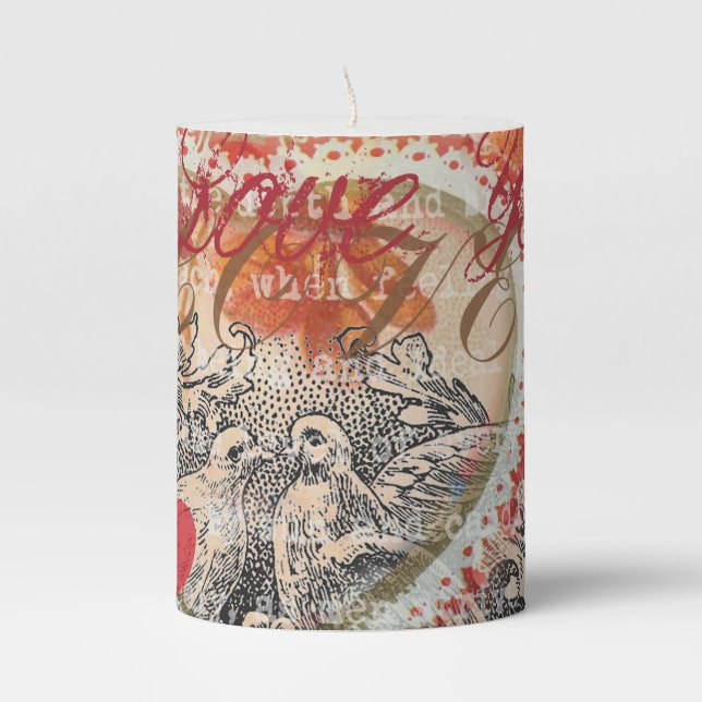 Love Birds Heart Red Art Collage Pillar Candle (Front)