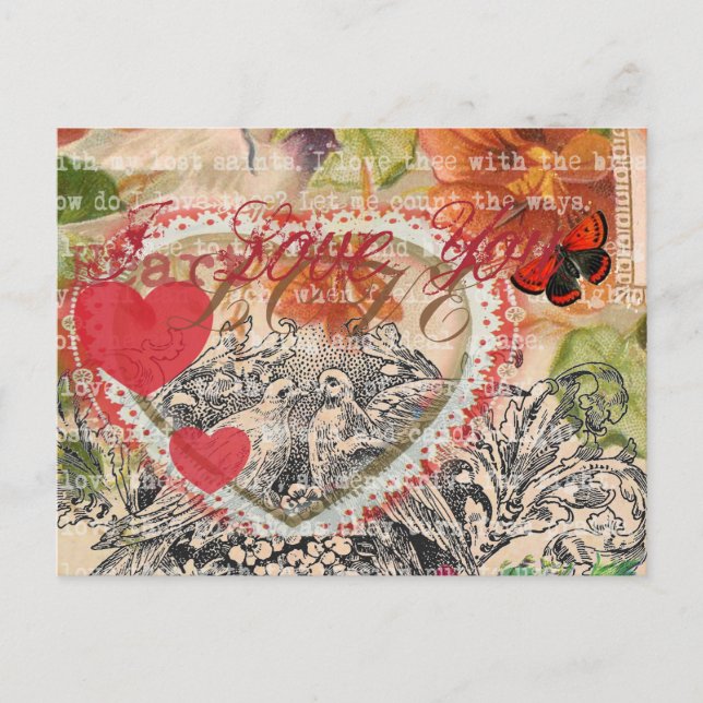 Love Birds Heart Red Art Collage Postcard (Front)