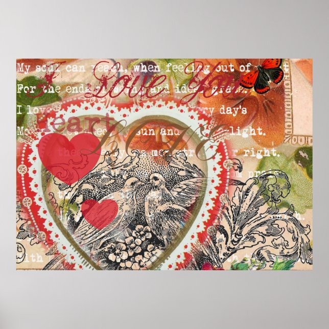 Love Birds Heart Red Art Collage Poster (Front)