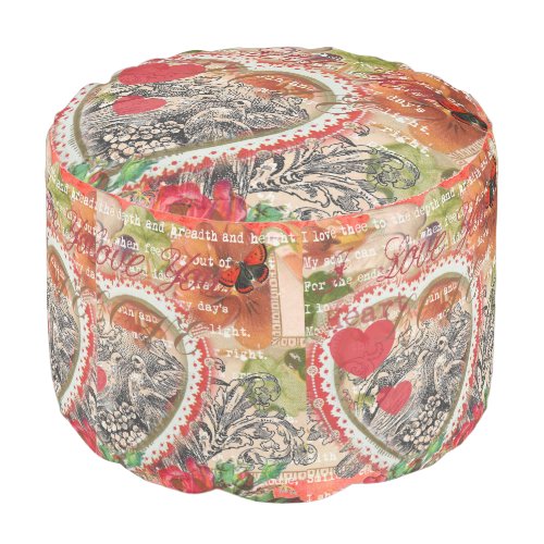 Love Birds Heart Red Art Collage Pouf