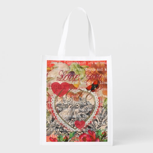 Love Birds Heart Red Art Collage Reusable Grocery Bag