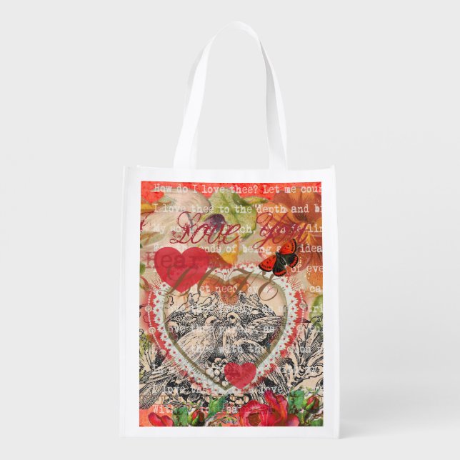 Love Birds Heart Red Art Collage Reusable Grocery Bag (Back)
