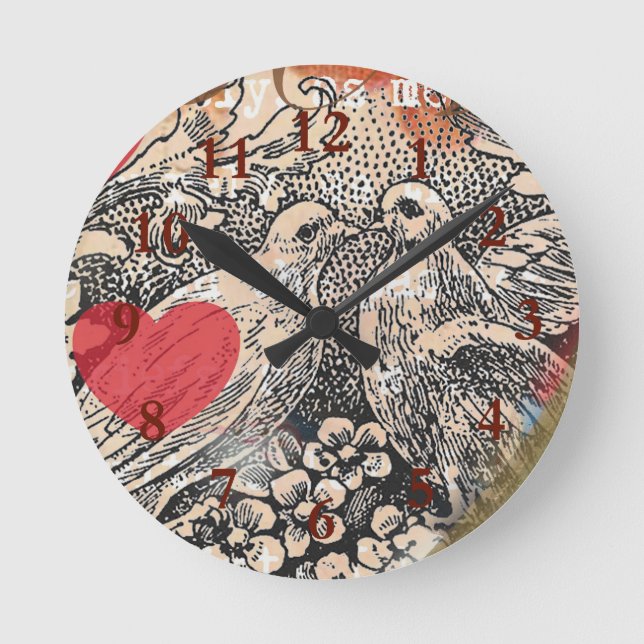 Love Birds Heart Red Art Collage Round Clock (Front)