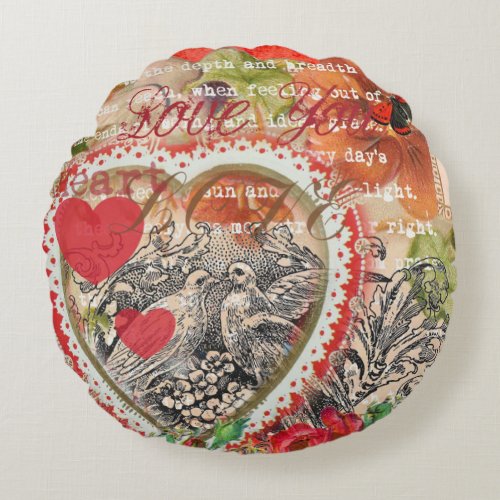 Love Birds Heart Red Art Collage Round Pillow