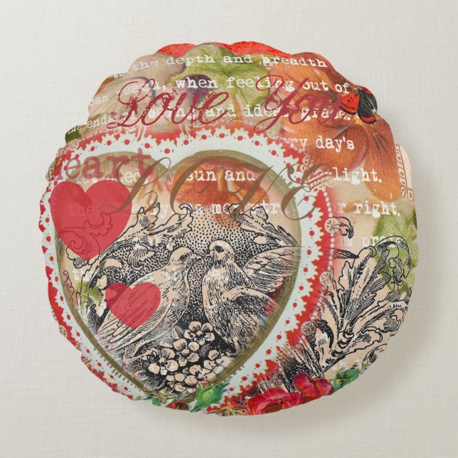 Love Birds Heart Red Art Collage Round Pillow (Front)