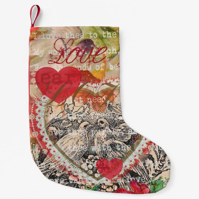 Love Birds Heart Red Art Collage Small Christmas Stocking (Front)
