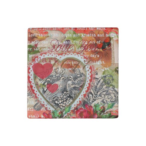 Love Birds Heart Red Art Collage Stone Magnet