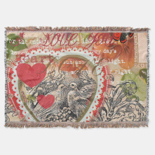 Love Birds Heart Red Art Collage Throw Blanket