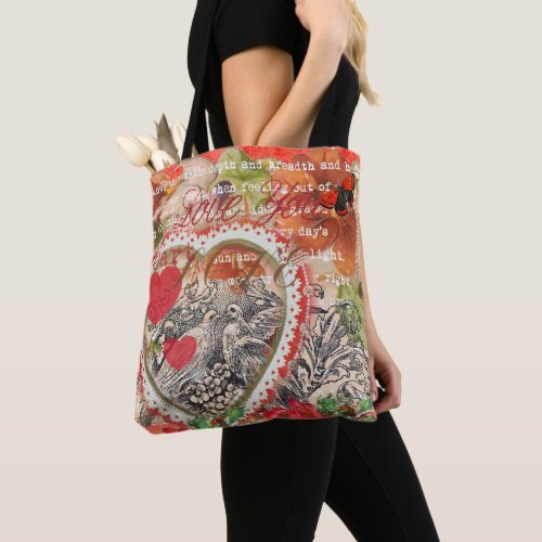 Love Birds Heart Red Art Collage Tote Bag