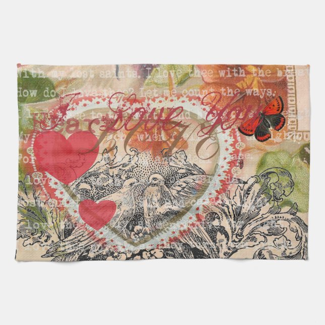 Love Birds Heart Red Art Collage Towel (Horizontal)