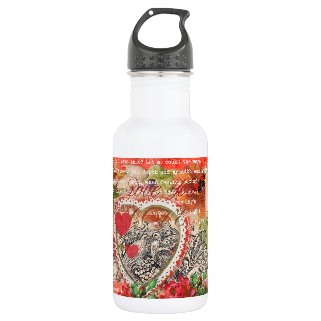 Love Birds Heart Red Art Collage Water Bottle (Front)
