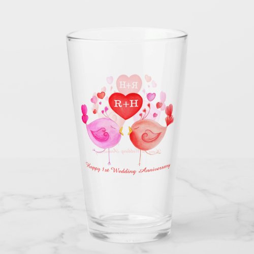 Love birds heart red pink 1st Anniversary art Glass