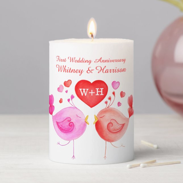 Love birds heart red pink 1st Anniversary  Pillar Candle (In Situ)