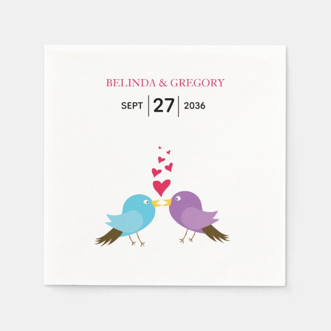 Love Birds & Hearts Wedding Napkins (Front)