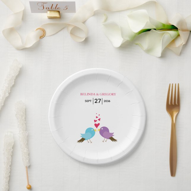 Love Birds & Hearts Wedding Paper Plates (Wedding)