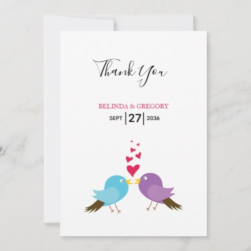 Love Birds  Hearts Wedding Thank You Card