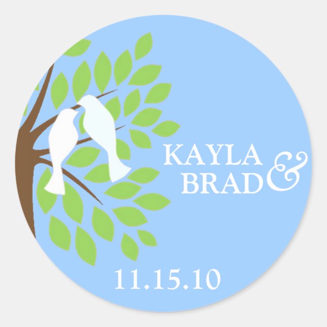 Love Birds in Tree Light Blue Classic Round Sticker (Front)