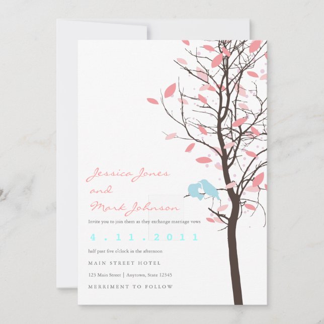 Love Birds in Tree - Pink and Blue Invitation (Front)