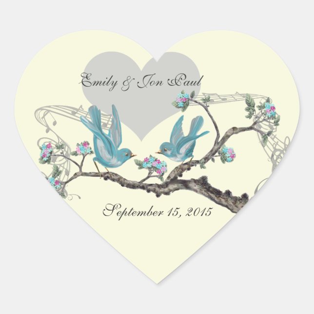 Love Birds in Tree Pink Aqua Wedding Stickers (Front)