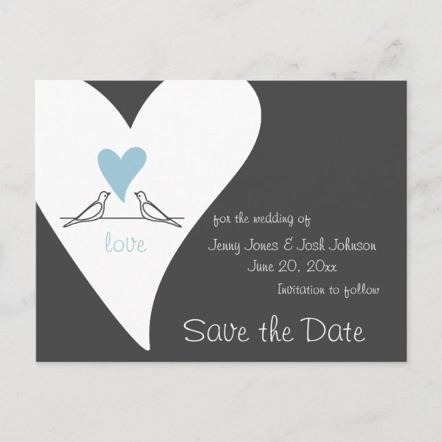 Love Birds Light Blue Heart Wedding Save The Date Announcement Postcard (Front)