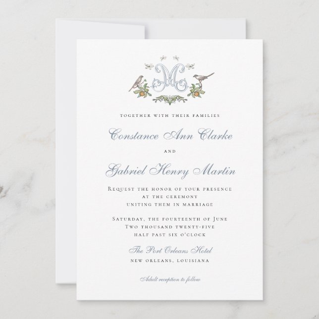Love Birds "M" Monogram Wedding Invitation (Front)