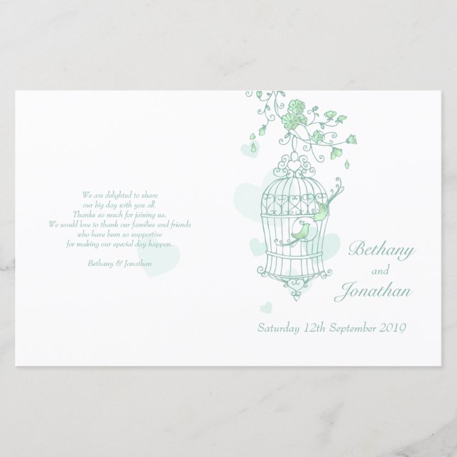 Love birds mint green Wedding Programme (Front)