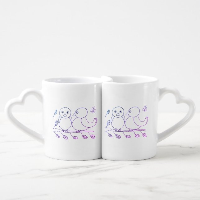 Love Birds Mug Set with Heart-Shaped Handles (Front Nesting)