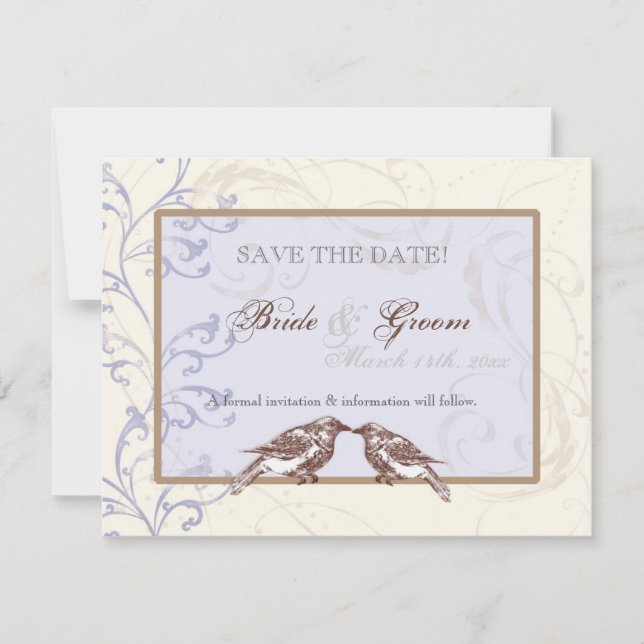 Love Birds 'n Lace - Periwinkle Save the Date Card (Front)