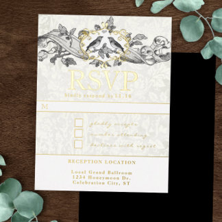 Love Birds Oak Leaf Scroll Wedding RSVP Foil Invitation Postcard