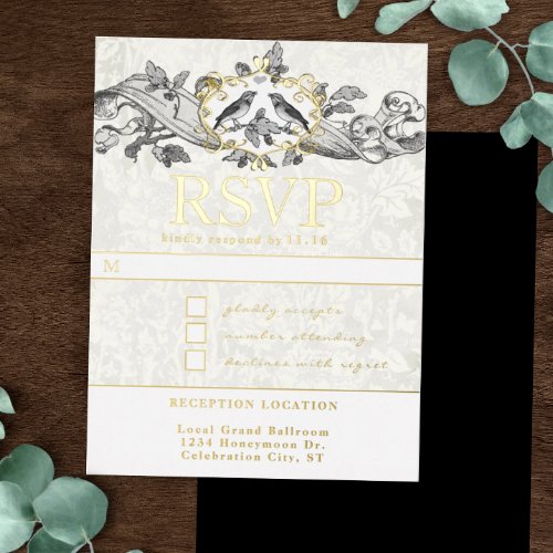 Love Birds Oak Leaf Scroll Wedding  RSVP     Foil Invitation Postcard