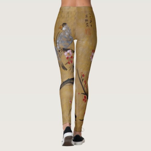 love birds ocher cherry blossom flowers Japan yoga Leggings