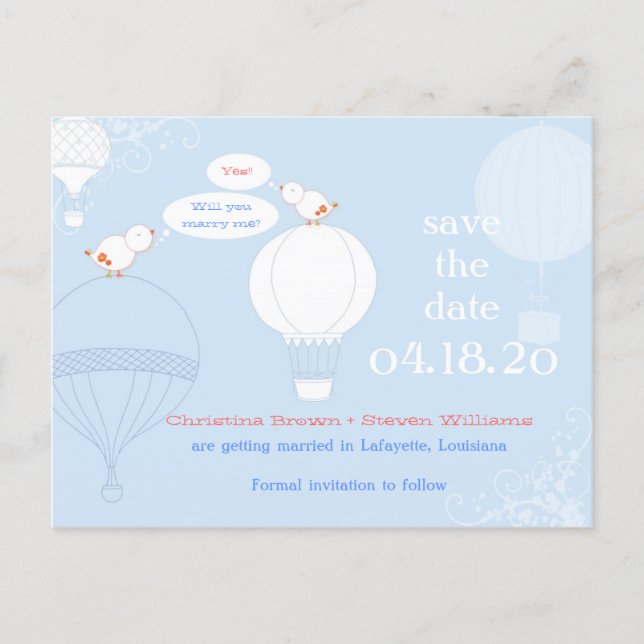 Love Birds on Air Balloons Save the Date Announcement Postcard (Front)