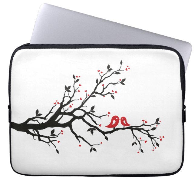 Love Birds on Branch – Romantic Red Heart Tree Art Laptop Sleeve (Front)