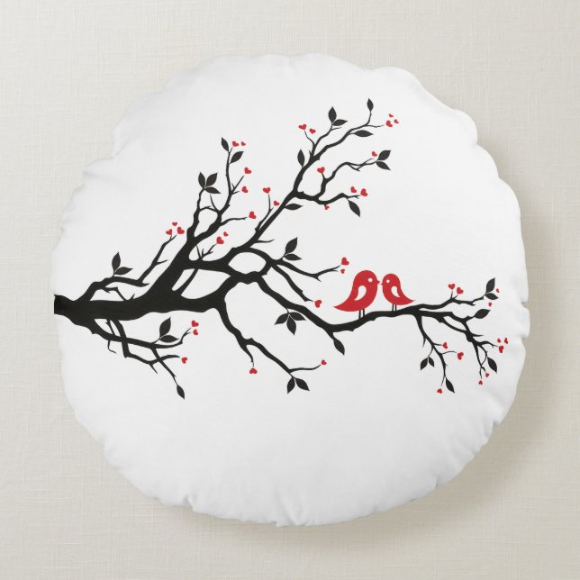 Love Birds on Branch – Romantic Red Heart Tree Art Round Pillow (Front)