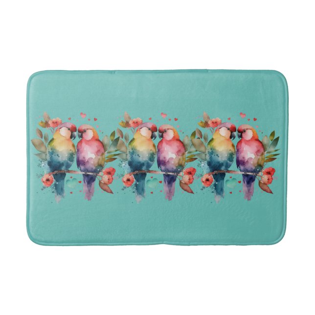 Love Birds on branch surrounded by hearts. Bath Mat (Front)