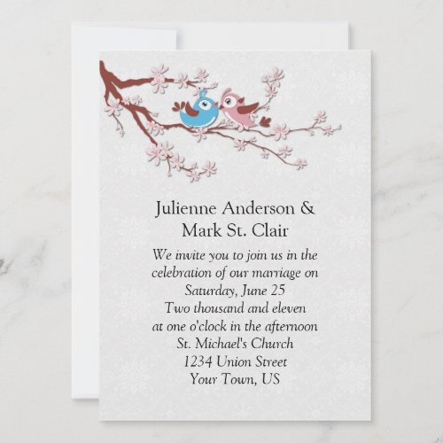 Love Birds on Cherry Blossoms Wedding Invitation