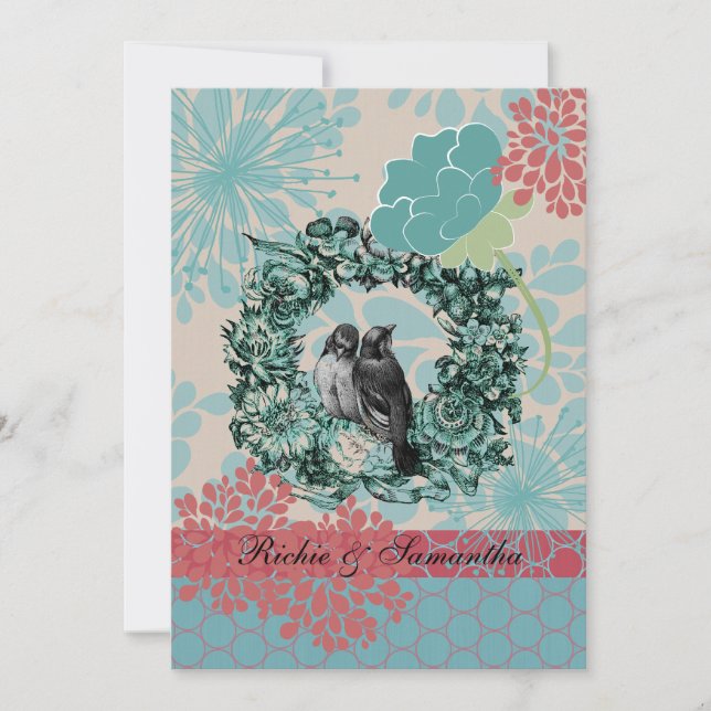 Love Birds on Floral Wreath 5x7 Wedding Invitation (Front)