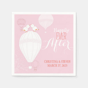 Love Birds on Hot Air Balloons Pink Wedding Paper Napkins