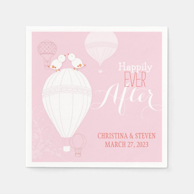 Love Birds on Hot Air Balloons Pink Wedding Paper Napkins (Front)