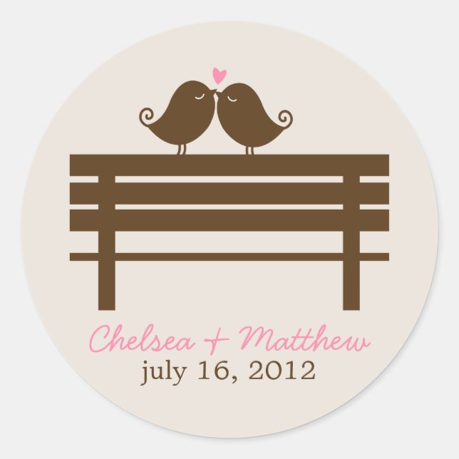Love Birds on Park Bench Wedding Classic Round Sticker (Front)